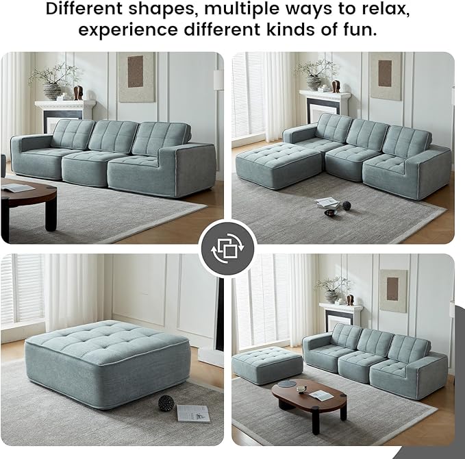 108" Boneless sectional Couch for Living Room,Convertible L-Shape Fleece Couches with Ottoman, Cloud Modular Sofa with Deep Seat for Bedroom, No Assembly, Grey