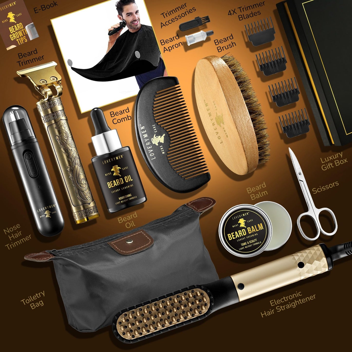 Christmas Gifts for Men, Dad, Him - Mens Grooming Beard Kit, Beard Trimmer, Nose Hair Trimmer, Hair Straightener Brush, Oil, Balm & More, 15pc Beard Kit for Men Care Mens Gift Birthday