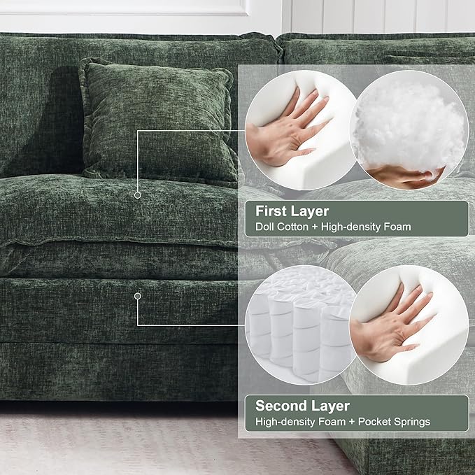 KIVENJAJA Chenille L-Shaped Modular Sectional Sofa, Modern Loveseat Comfy Deep Seat Cloud Couch with Ottoman/Chaise & 4 Pillows for Living Room Office Apartment, 76.7" W, Green