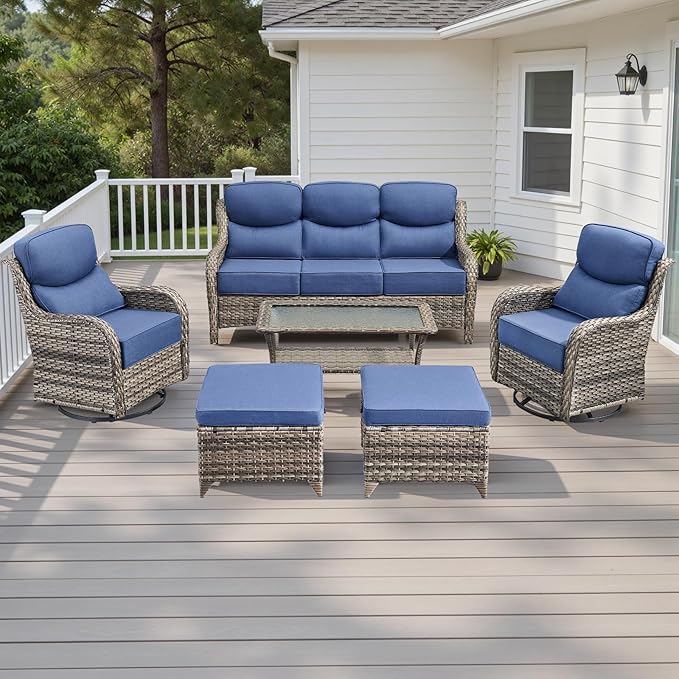 Rilyson Wicker Outdoor Patio Furniture Set - 6 Piece Patio Conversation Sets with Swivel Rocker Chairs, Ottomans, Sofa and Table, 6 inch Cushions, Deep Seating, for Porch Deck Mixed Grey/Blue