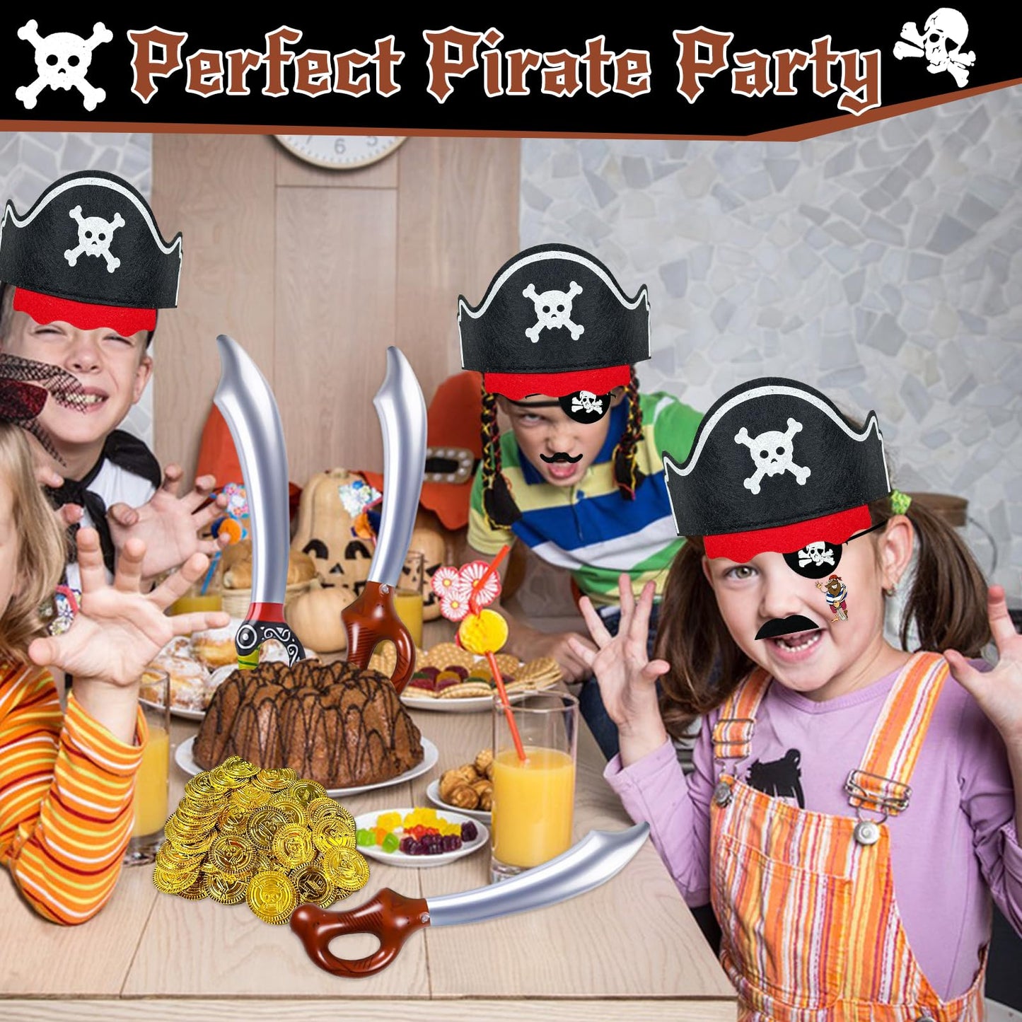 Fun Pirate Party Supplies Set - 153-Piece Fun Pack for Kids: Pirate Birthday, Adventure & Souvenir - Includes 12 Hats, 12 Eye Patches, 12 Swords, 12 Beards, 12 moustaches，100 Gold Coins & 5 Stickers