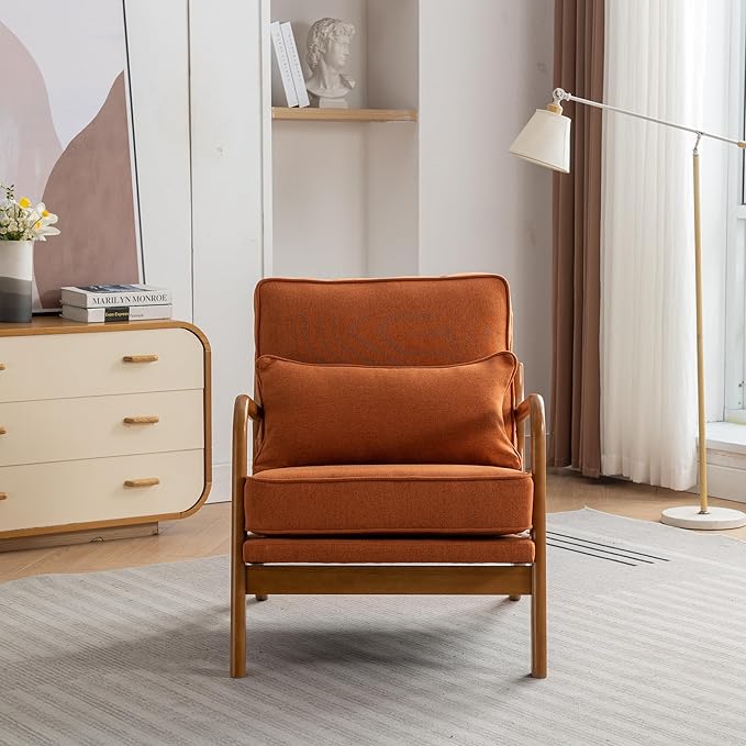 SEYNAR Mid-Century Accent Chair,Linen Fabric Lounge Chair with Wide Armrest,13-16.5'' Low Seat Height Armchair with Lumbar Pillow & Solid Wood Frame for Living Room, Bedroom, Balcony(Orange)