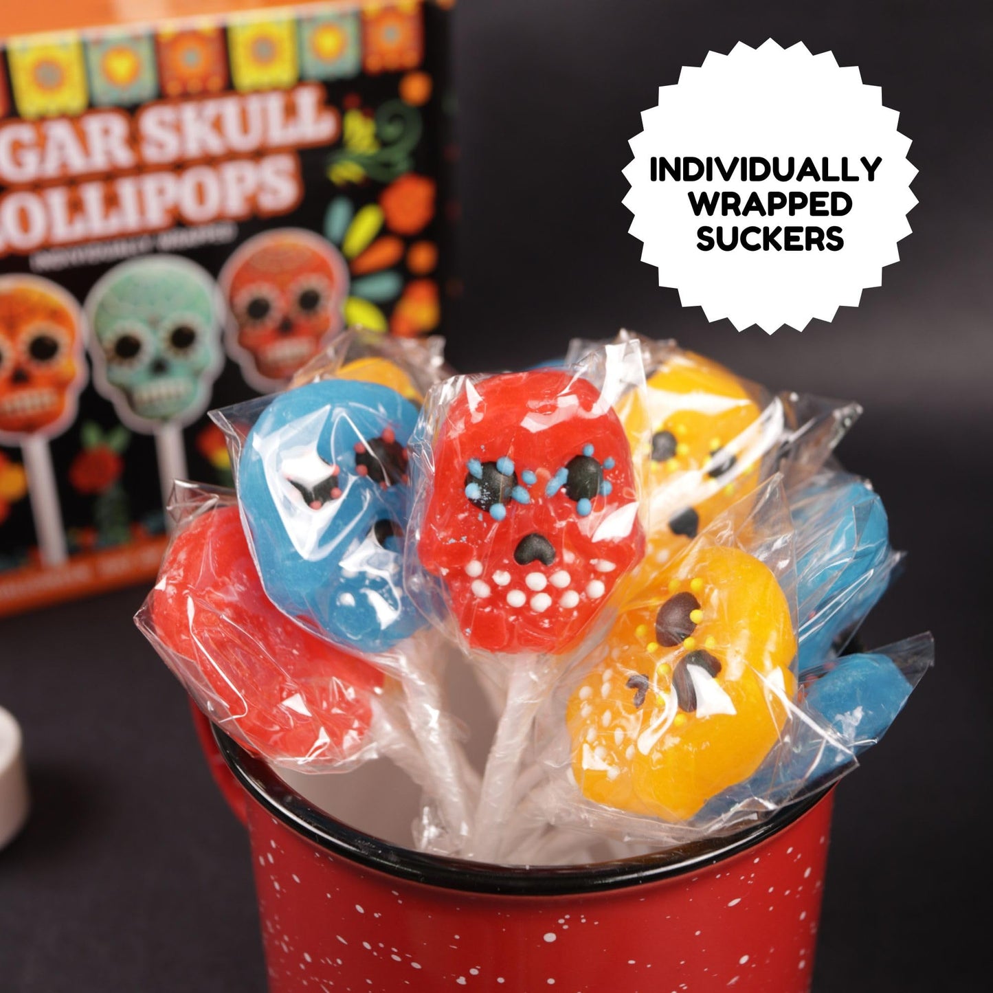 Sweetzo Halloween Sugar Skull Candy Lollipops, Individually Wrapped Dia De Los Muertos Suckers, Strawberry, Orange and Blueberry Flavored (24 Pieces)