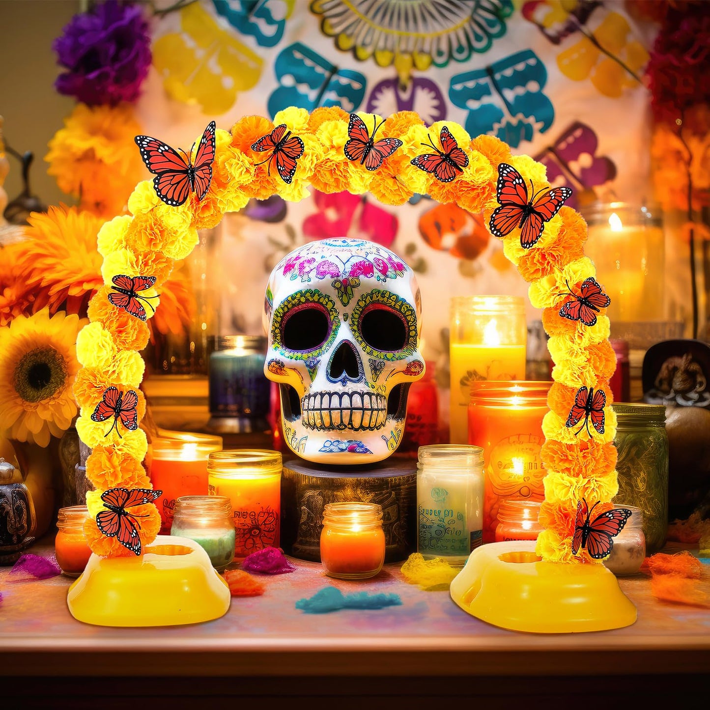 Juinte Day of The Dead Marigold Arch Kit Marigold Flowers Heads Bulk Includes 80 Silk Artificial Flowers 40 Inch Table Arch Kit with 12 Pcs 3D Butterfly for Dia De Los Muertos Indian Diwali Altar DIY