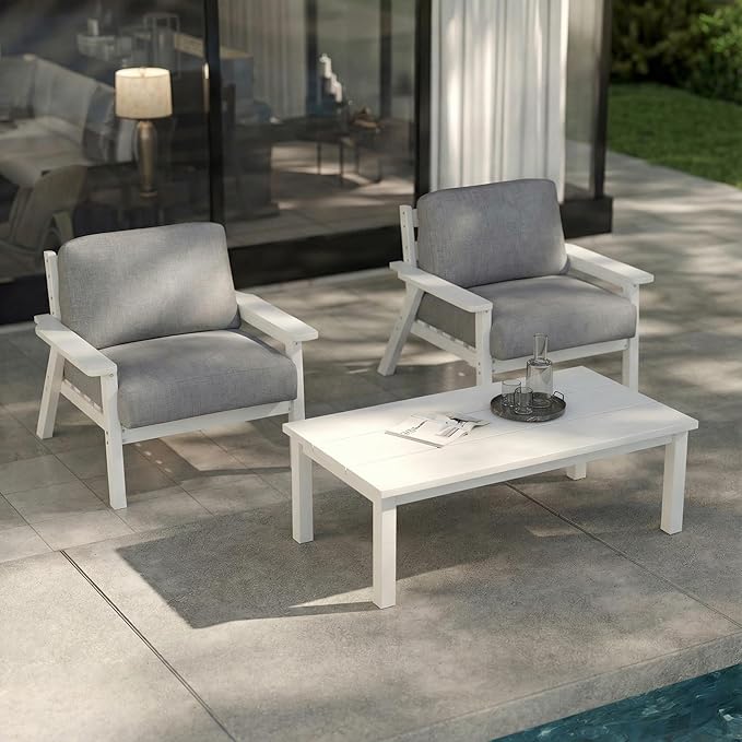 Patio Kingdom Patio Furniture Set with Washable Thick Gray Cushions, HDPE Outdoor Couch, All-Weather Outdoor Sectional Furniture, Patio Conversation Sets for Lawn, Garden, Porch (White Frame)
