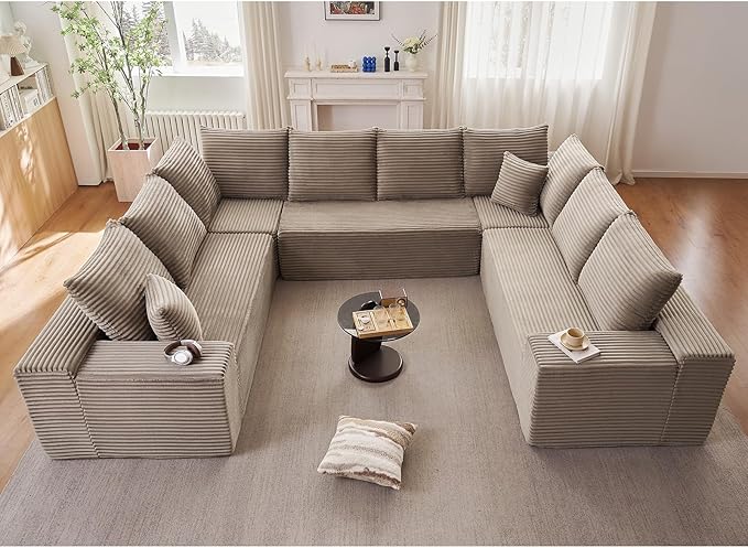 Sectional Cloud Couch for Living Room, Modular Floor Deep-Seat Sofa, Big Comfy Corduroy Couches Set with Fluffy Memory Foam, Stupendous U Shaped Sofas with 12 Pillows, No Assembly Required, Camel