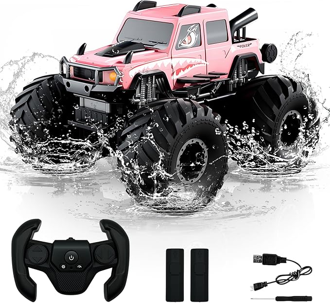 Amphibious Remote Control Trucks,2.4G 1:18 4WD All Terrain Off-Road Waterproof Monster RC Cars Pool Toys Hobby RC Vehicle Christmas Birthday Gifts for Kids Boys Girls 8 9 10 11 12+ Pink