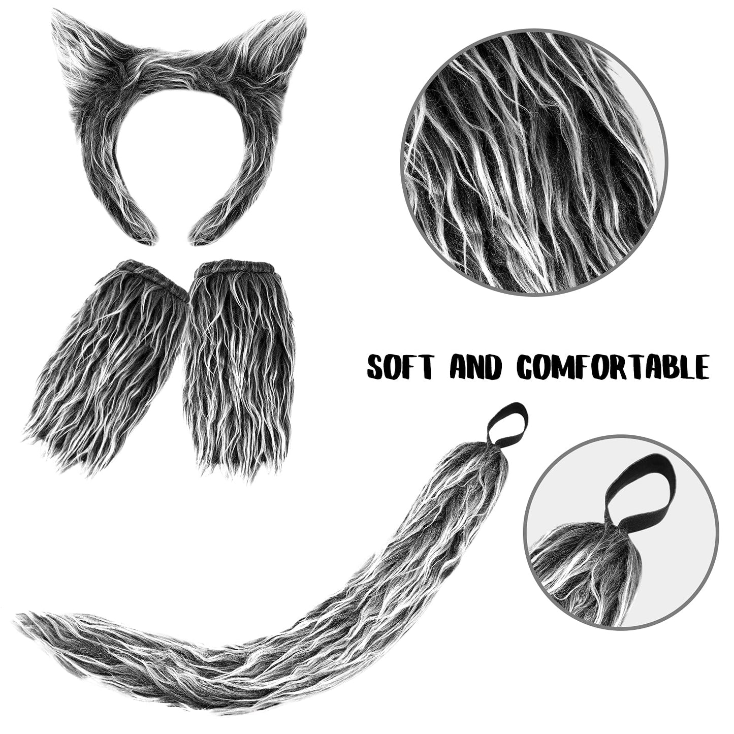 Exlinonline Werewolf Wolf Costume With Headband,Gloves,Ears and Tails For Mens,Women, Kids,Boys, Girls All In One Halloween Dress-Up Accessories Kit