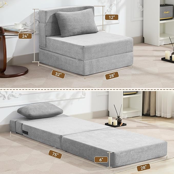 WUTUTUEE Folding Sofa Bed Convertible Floor Couch Foldable Chair Bed with Pillow，Linen Sleeper Chair Futon,Foldable Memory Foam Mattress for Bedroom/Living Room/Dorm/Office (Light Grey, Single)