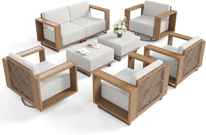 8 Pieces Modular Patio Furniture Set,Outdoor Wicker Conversation Set with Swivel Chairs and Ottomans,All Weather Patio Conversation Set for Lawn Garden Backyard,Beige