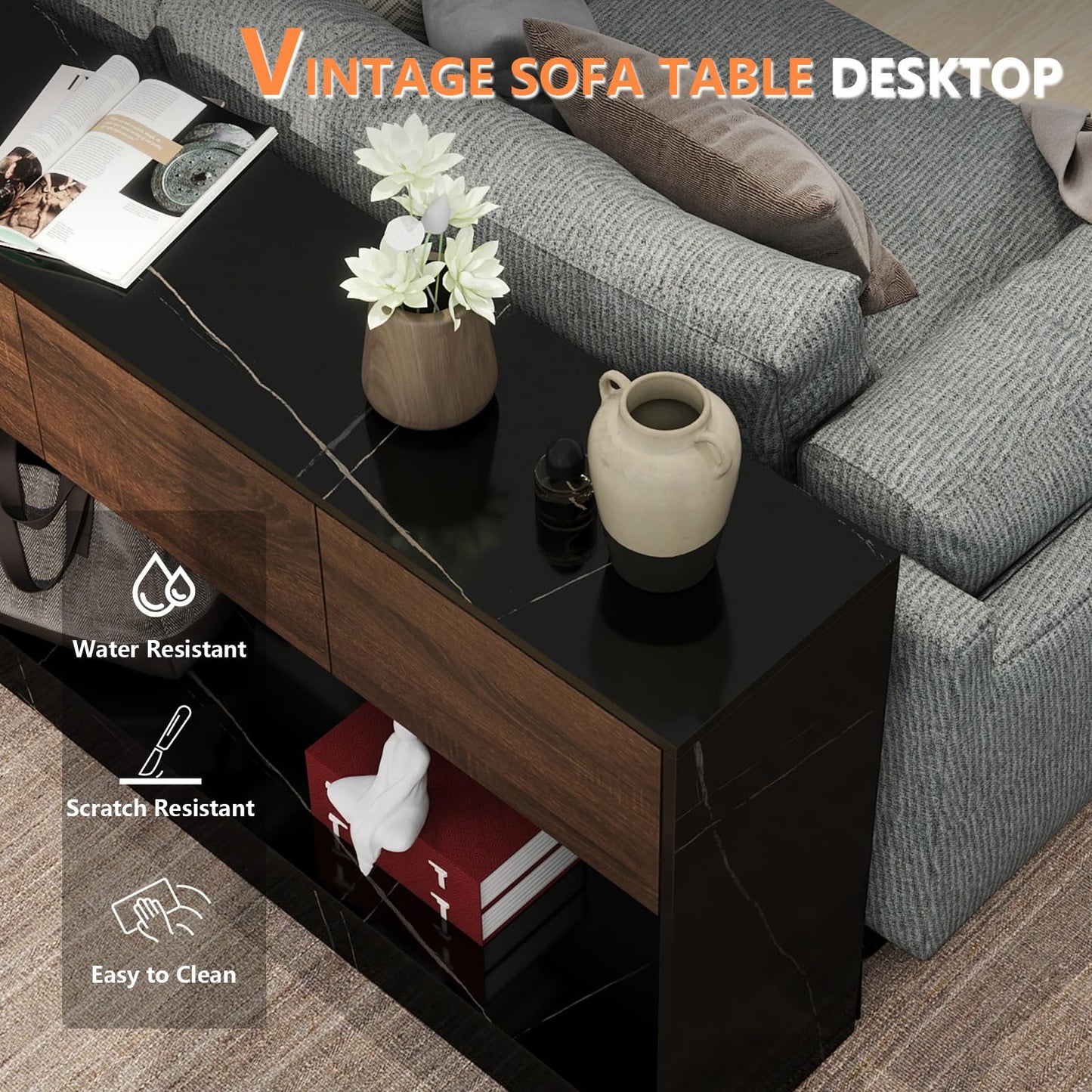 LAZZO 51" Long Console Table 3 Drawers Entryway Sofa Table with Storage and Open Shelf Behind Couch for Living Room, Foyer, Hallway, Entry Black and Office Marble Black and Brown