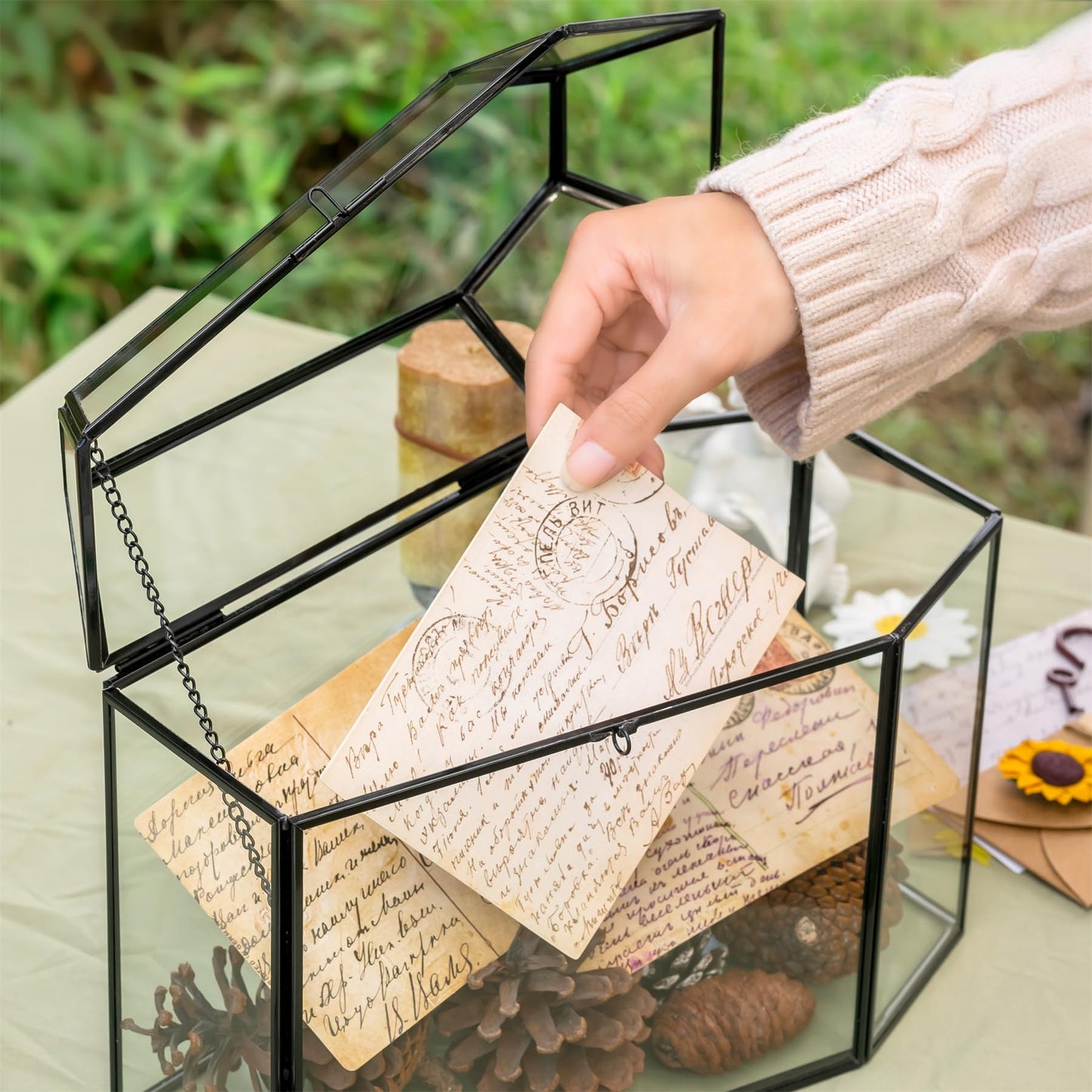 NCYP Gothic Glass Box with Swing Lid and Lock, Geometric Keepsake Card Display Organizer for Wedding Party - Halloween Decoration, Black Coffin-Shaped Terrarium, 10.4" x 5.7" x 7.5" (Glass Box Only)