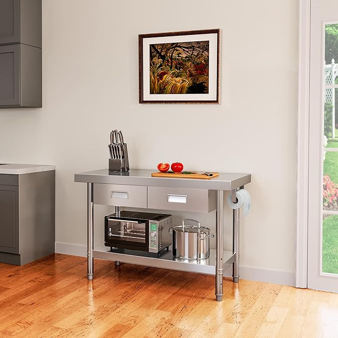 YITAHOME 48" × 24" Stainless Steel Table with 2 Drawers, NSF Work Table with Drawer, Metal Table Prep Table for Home Kitchen Restaurant Garage Warehouse