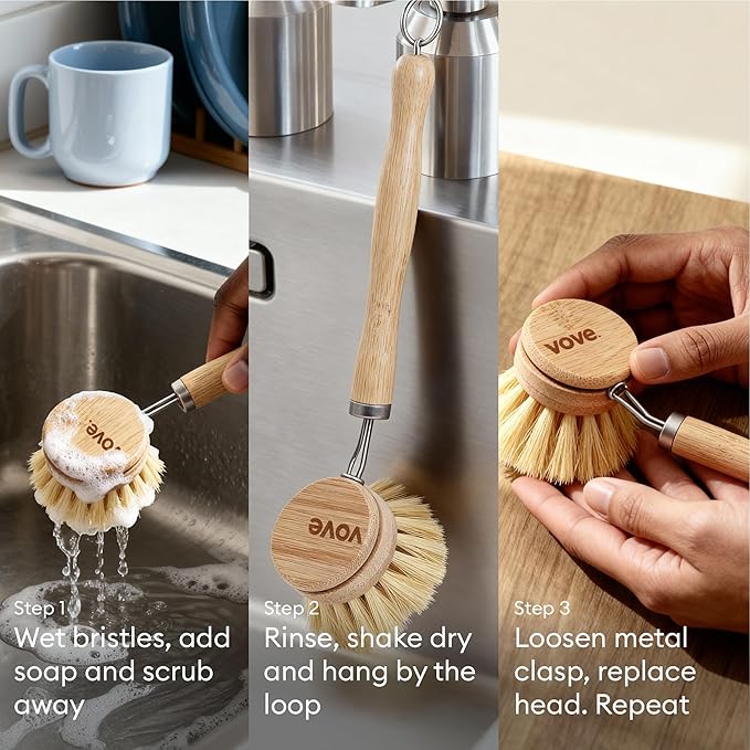 Vove Bamboo Dish Brush Replacement Heads, 4 Pack - FSC-Certified Bamboo - Natural Fiber Bristles - Compatible with Vove Dish Brush - Non-Toxic, Plastic-Free
