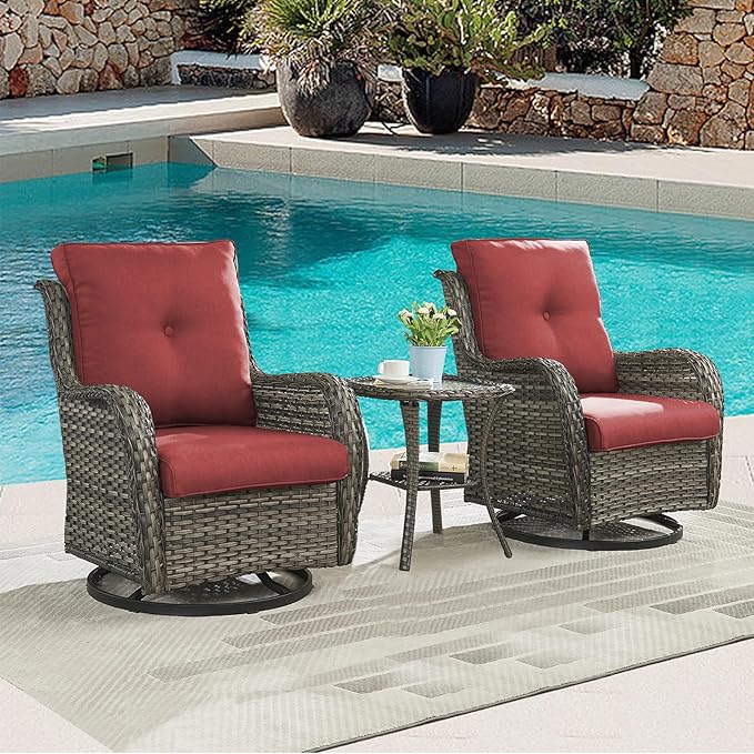 Rilyson Patio Chairs Rocking Swivel Chiar - 3 Piece Outdoor Wicker Patio Bistro Set Rattan Rocker Glider Chairs with High Back and Deep Seating for Outside Porch Deck Garden(Mixed Grey/Red)