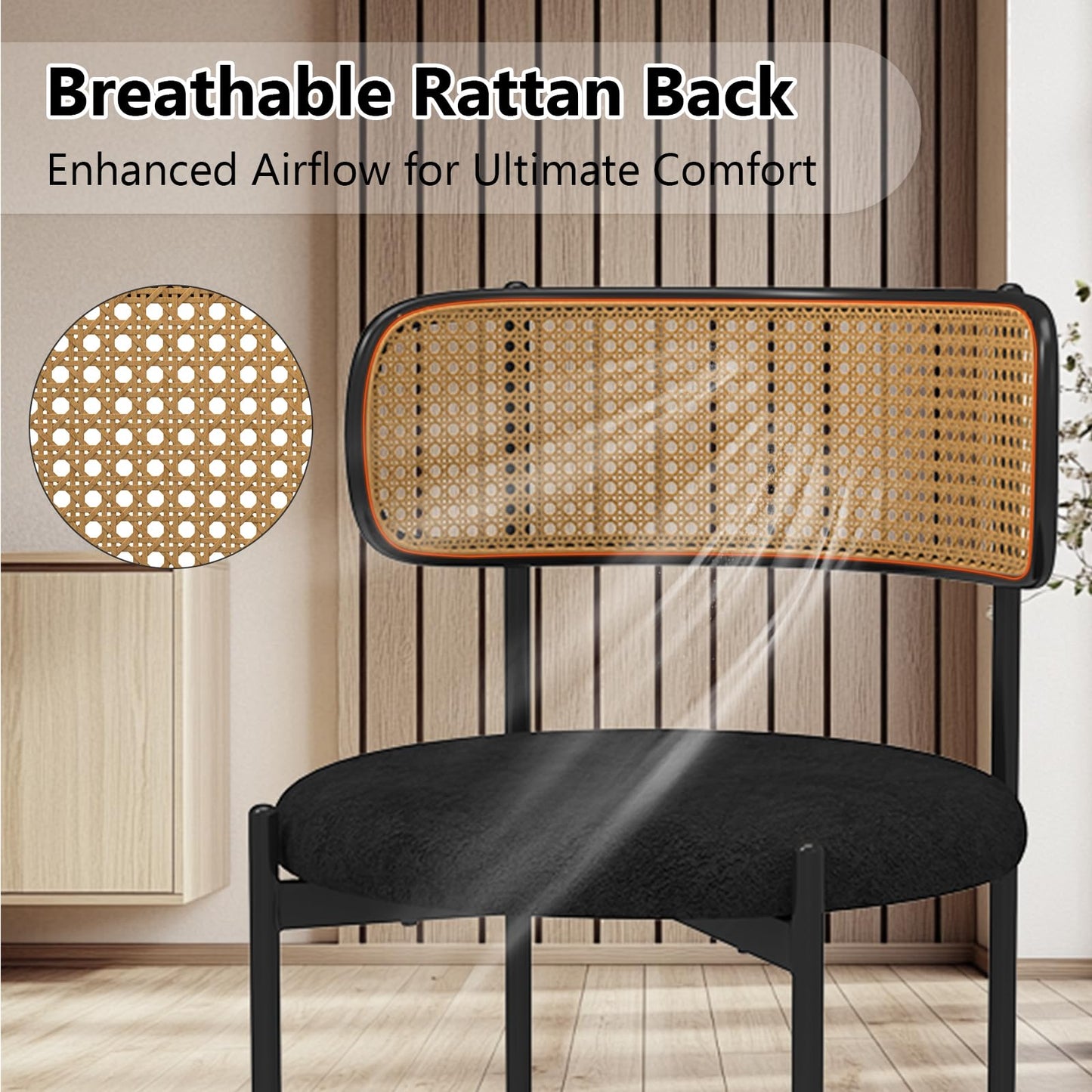 Osparple Mid Century Modern Dining Chairs Set of 4 with Rattan Backrest,Velvet Upholstered Accent Kitchen & Dining Room Chairs with Sturdy Metal Frame,Black