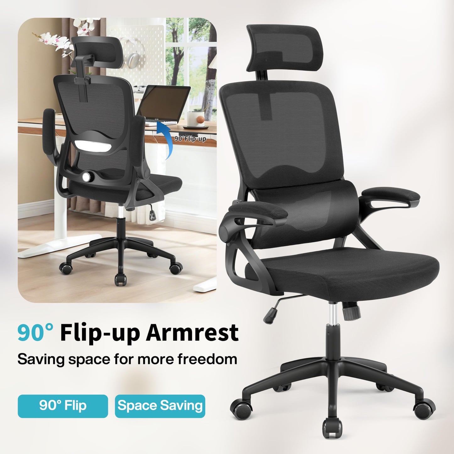 Nexthro Ergonomic Office Chair,Mesh Office Chair with Lumbar Support,High Back Desk Chair with Flip-up Arms,400 lbs Big and Tall Computer Chair with Headrest,Comfy Desk Chairs