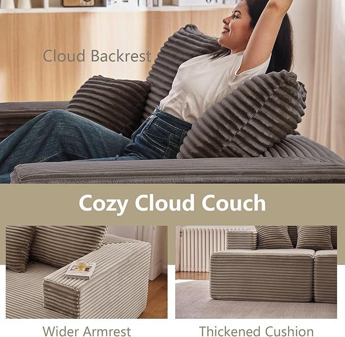 140" Sectional Cloud Couch for Living Room, Modular Floor Deep-Seat Sofa, Big Comfy Corduroy Couches Set with Fluffy Memory Foam, Stupendous U Shaped Sofas, No Assembly Required, Camel