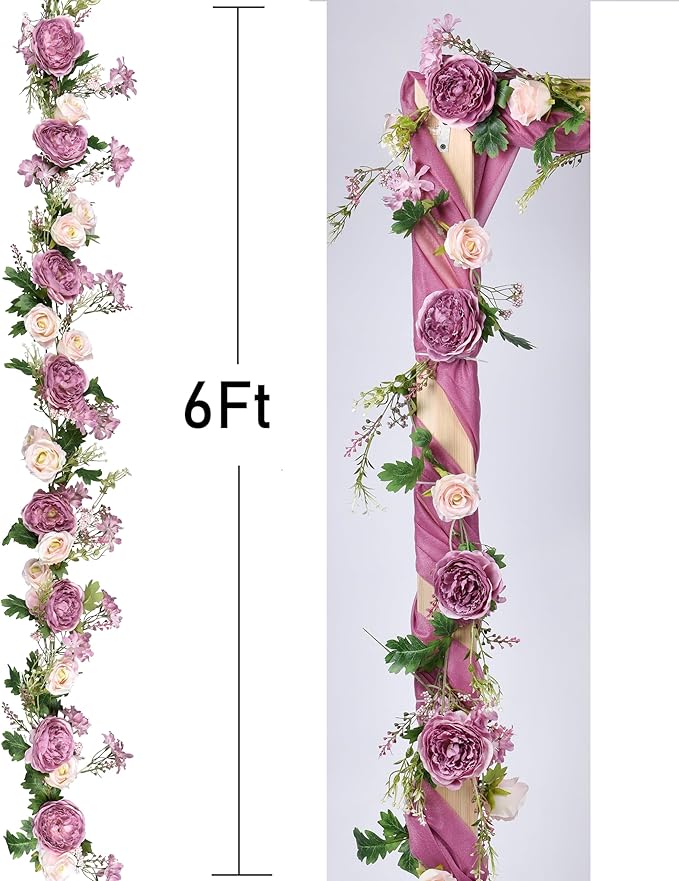 2 Pack Artificial Peony Flower Garland - 6ft Silk Peony Garland Flowers Vine Peony Silk Roses Flowers for Wedding Arch Party Table Decor
