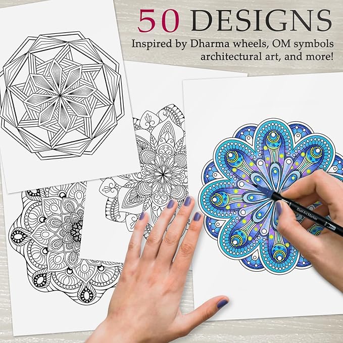 Mandala Coloring Book for Women Relaxation, 50 Patterns Spiral Bound Mindfulness Coloring Books for Adult with 36 Dual-tip Markers, Inspirational Gift for Women, Hardcover Adult Coloring Books Set