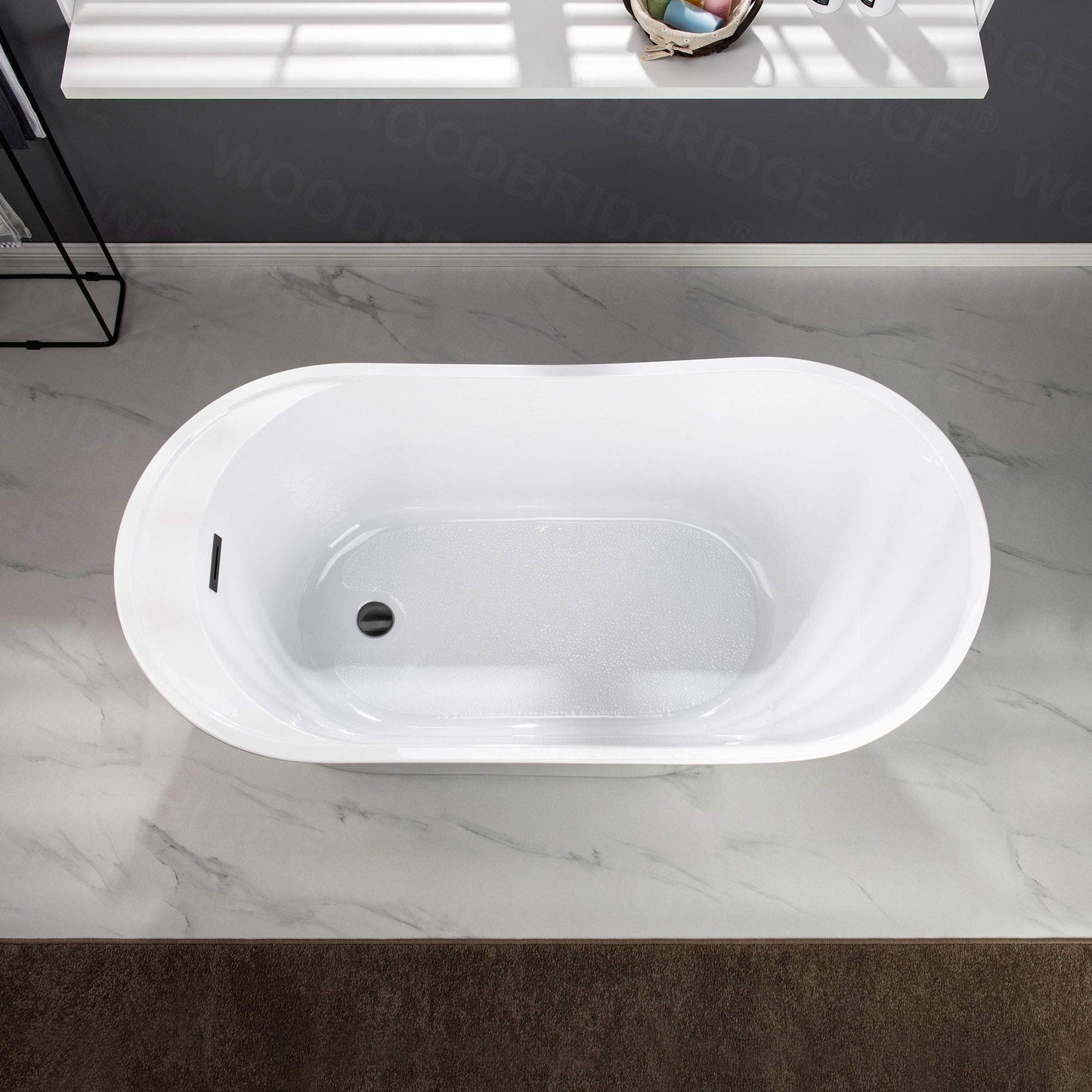 WOODBRIDGE 59" Acrylic Freestanding Bathtub Contemporary Soaking Tub with Matte Black Overflow and Drain B0083-MB-Drain &O,White