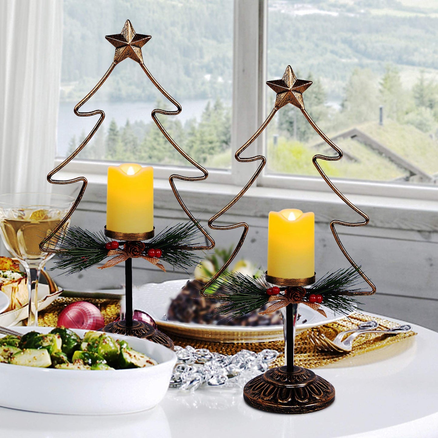 Lulu Home Lighted Christmas Table Decorations, 2 Pack 15.7 Inch Christmas Tree with Battery Operated Candle Lights, Light Up Christmas Tabletop Decorations, Xmas Holiday Winter Tabletop Desk Ornament