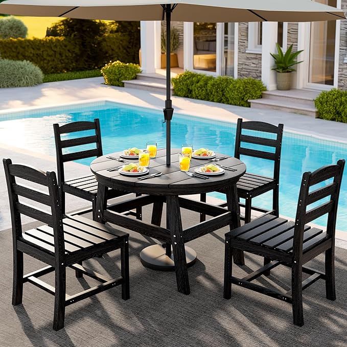 PamapicLife 5 Piece Round Outdoor Dining Set, Relaxing HDPE Outdoor Table and Chairs with 105° Ergonomic Backrest, All-Weather Patio Table and Chairs Set with Umbrella Hole for Porch, Poolside, Black