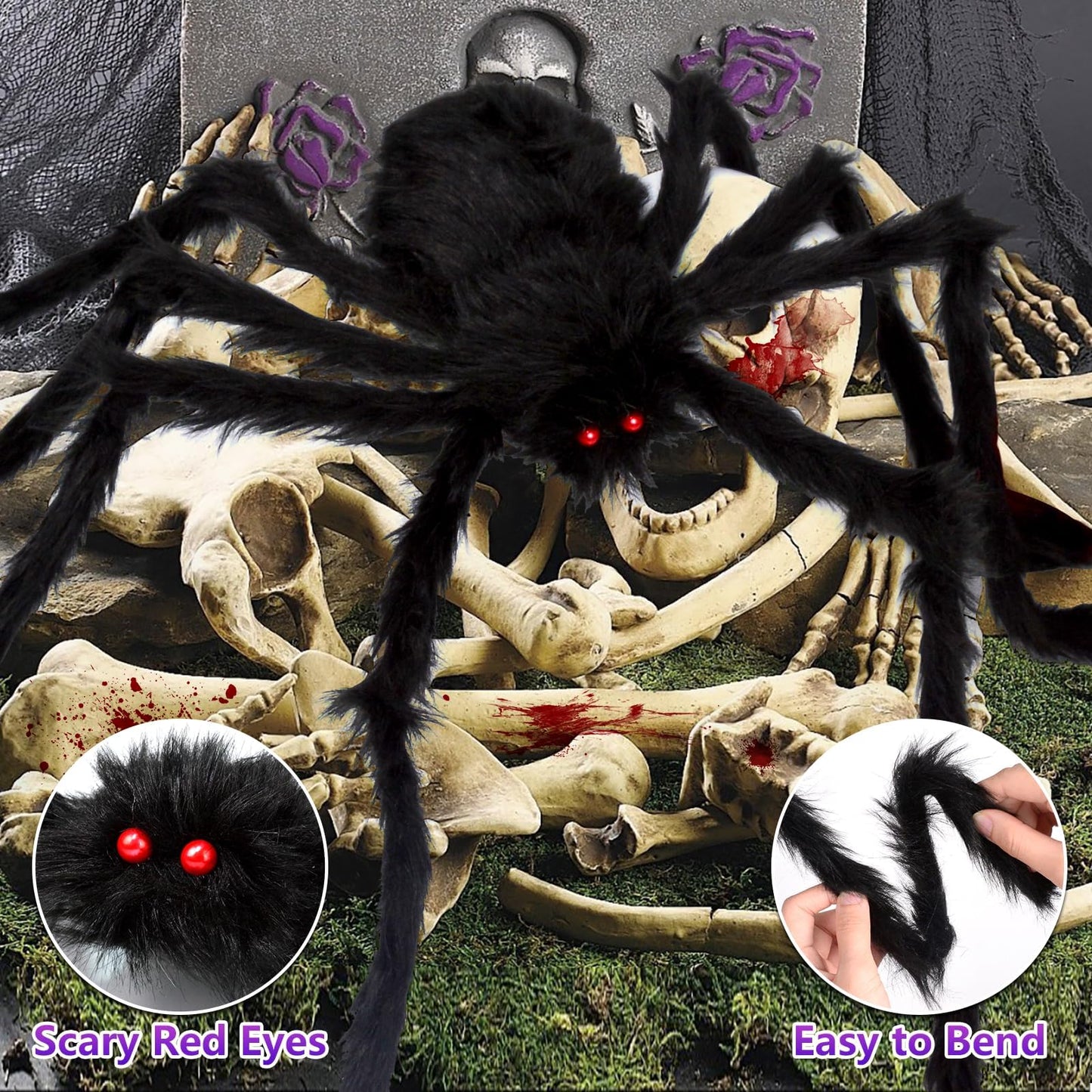 OCATO Halloween Decorations Spider Webs: Spider Web Lights 135 LED Purple Lights 59" Giant Spider Scary Halloween Decorations Outdoor Indoor for Party Garden Home Costumes Yard Haunted House