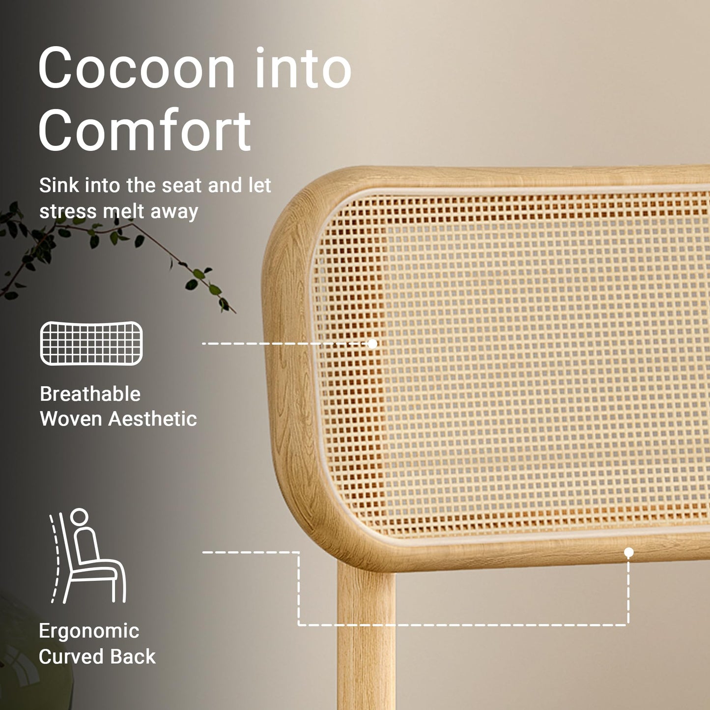 HoeuThien Upholstered Rattan Dining Chairs Set of 4, Mid Century Modern Kitchen Chairs with Curved Back and Solid Wood Legs Armless Accent Chair for Living Room Bedroom, Natural Oak/White Boucle
