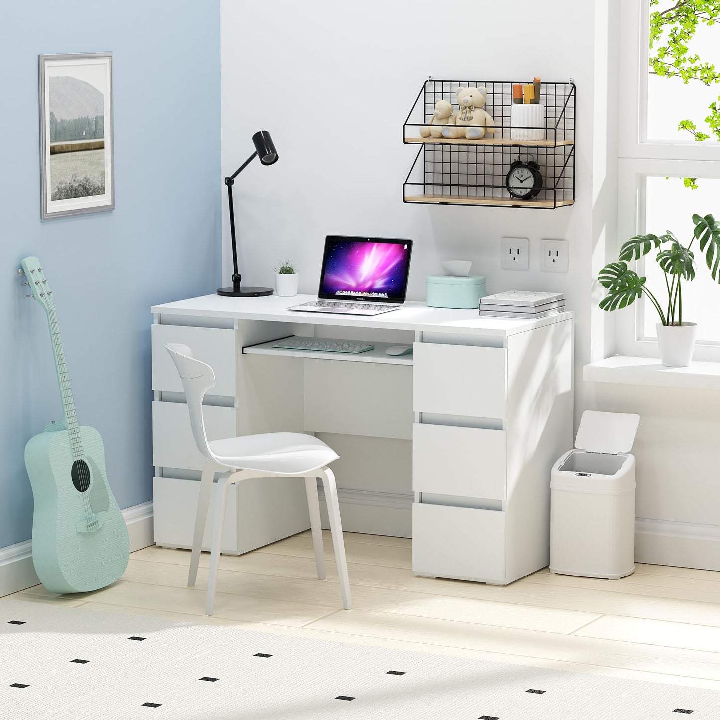 Furniwood White Desk with Drawers Computer Desk for Bedroom, Home Office Table with Storage, 47 Inch Writing Wood Desks Executive Desks, Workbench Study Counter Small Gaming Table, White