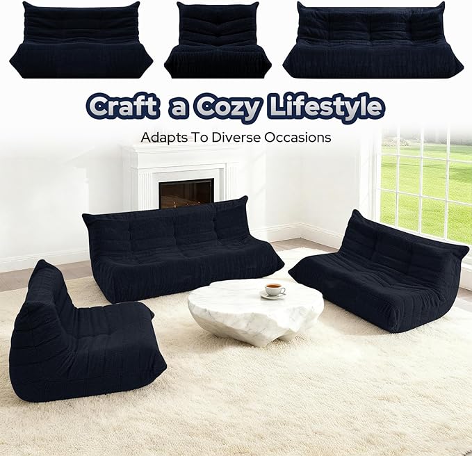 HABUTWAY Bean Bag Chairs Fireside Lazy Floor Sofa, Soft Teddy Fleece 2 Seater Sofa with High-Resilience Foam Filling，Beanbag for Living Room, Bedroom, Office (Navy Blue Teddy)