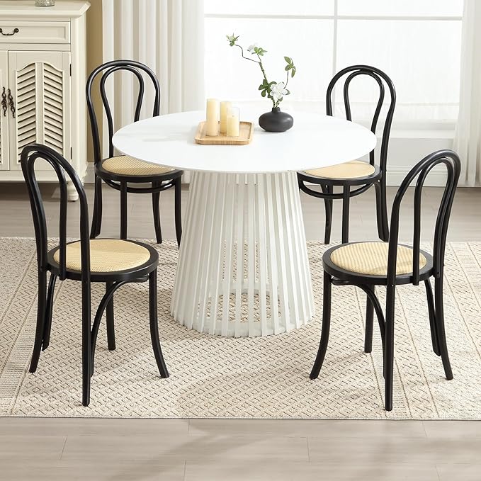 DM Furniture Solid Wood Dining Chairs Set of 2 Mid-Century Modern Rattan Kitchen Room Chairs with Backrest Bentwood Side/Desk Chairs for Dining/Living Room,Home, Black Wood
