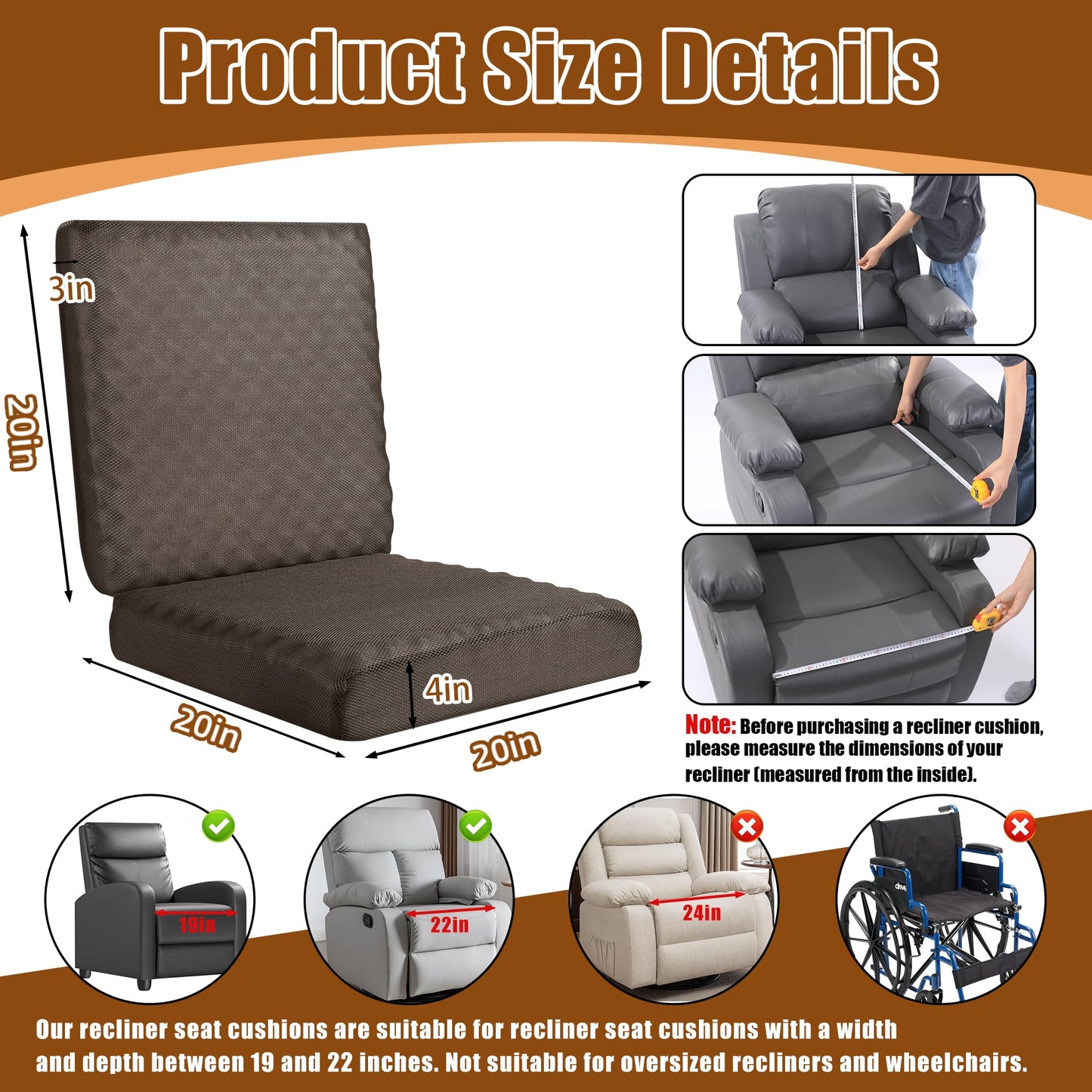 BALAPET Recliner Cushions for Long Sitting,Egg Crate Foam Recliner Cushion for Elderly Reduces Muscle Fatigue and Provides Air Flow,Extra Large Non-Slip Seat Cushion with Back Support(20×20×4in)