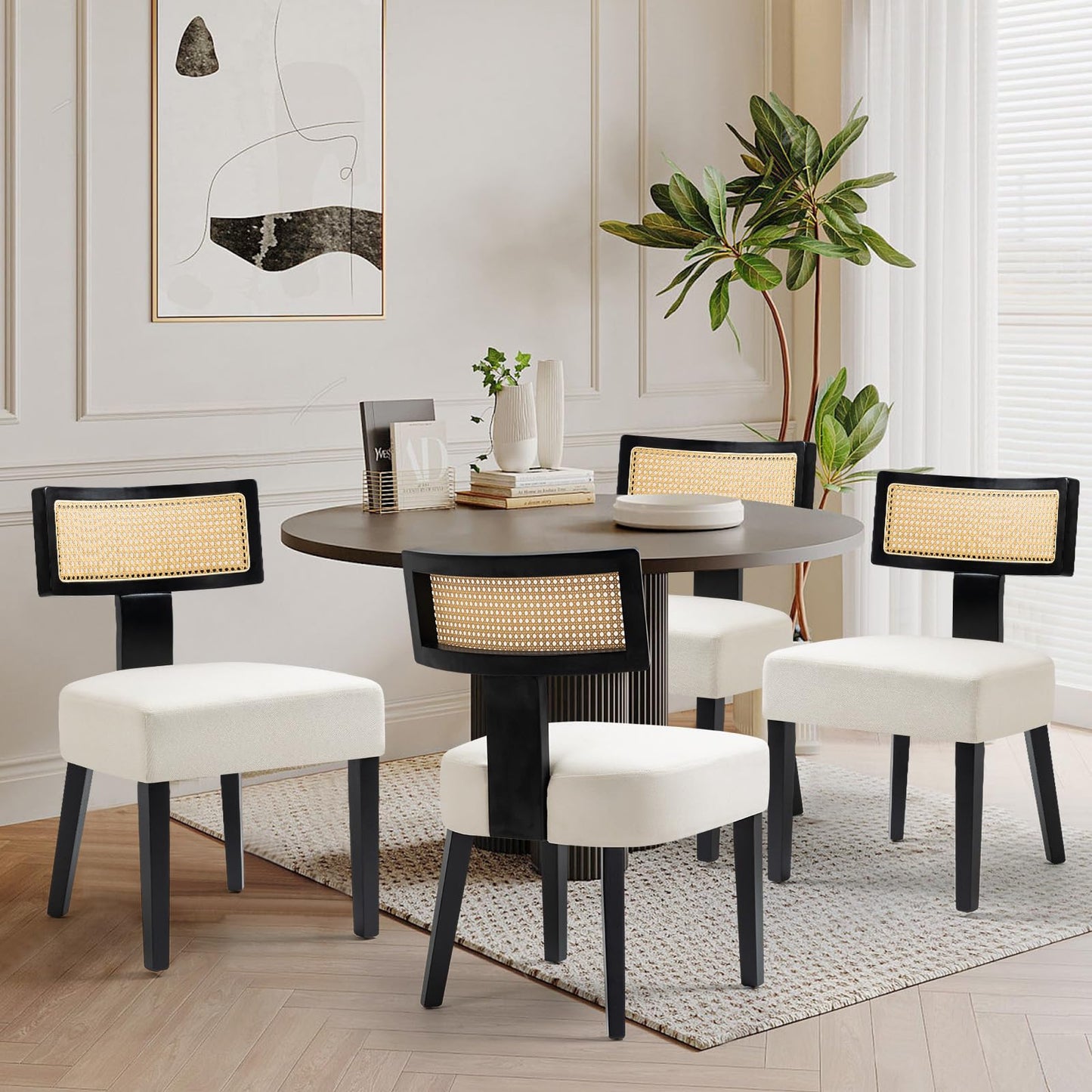 ZJhome Rattan Dining Chairs Set of 4, Mid-Century Modern Fabric Upholstered Dining Room Chairs with Black Hardwood Frame, Curved Backrest Kitchen Chair Armless Accent Chairs for Dining Room (Cream)