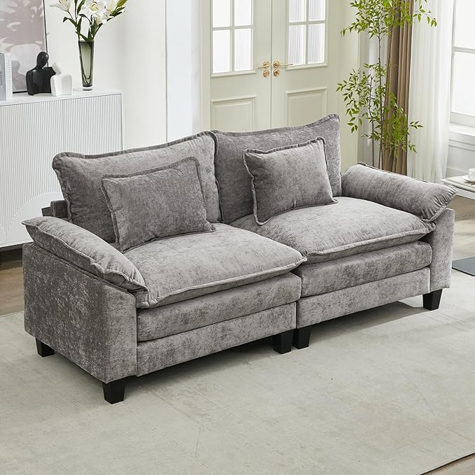 URRED Modular Sectional Sofa Comfy Cloud Couch, Modern Chenille Sofa Sleeper Deep Seat Couches with Ottoman/Pillows for Living Room (Gray, 82.6'')