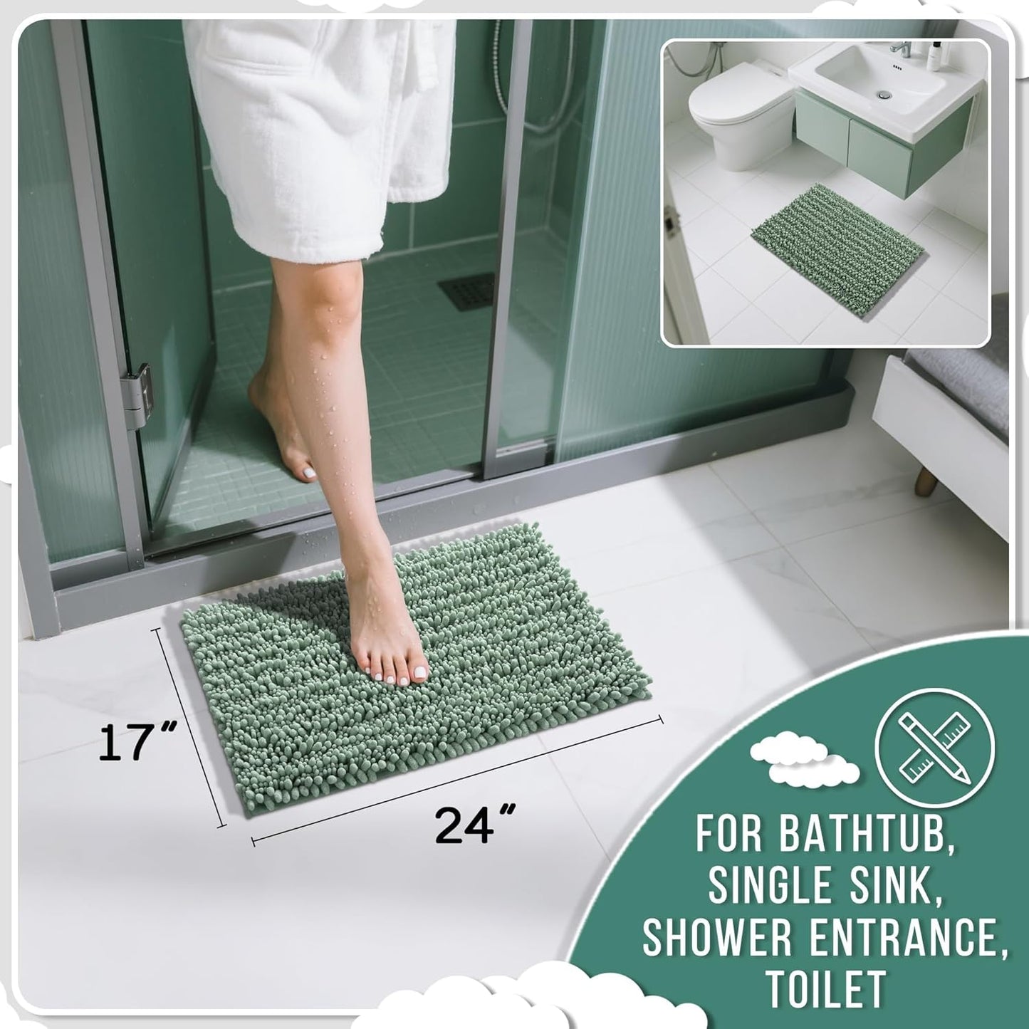 Yimobra Bathroom Rugs Non Slip Washable - Ultra Soft Absorbent Chenille Bath Mat, Quick Dry Shaggy Floor Carpet for Tub Shower, Green Home Decor Accessories, 24x17 Inch