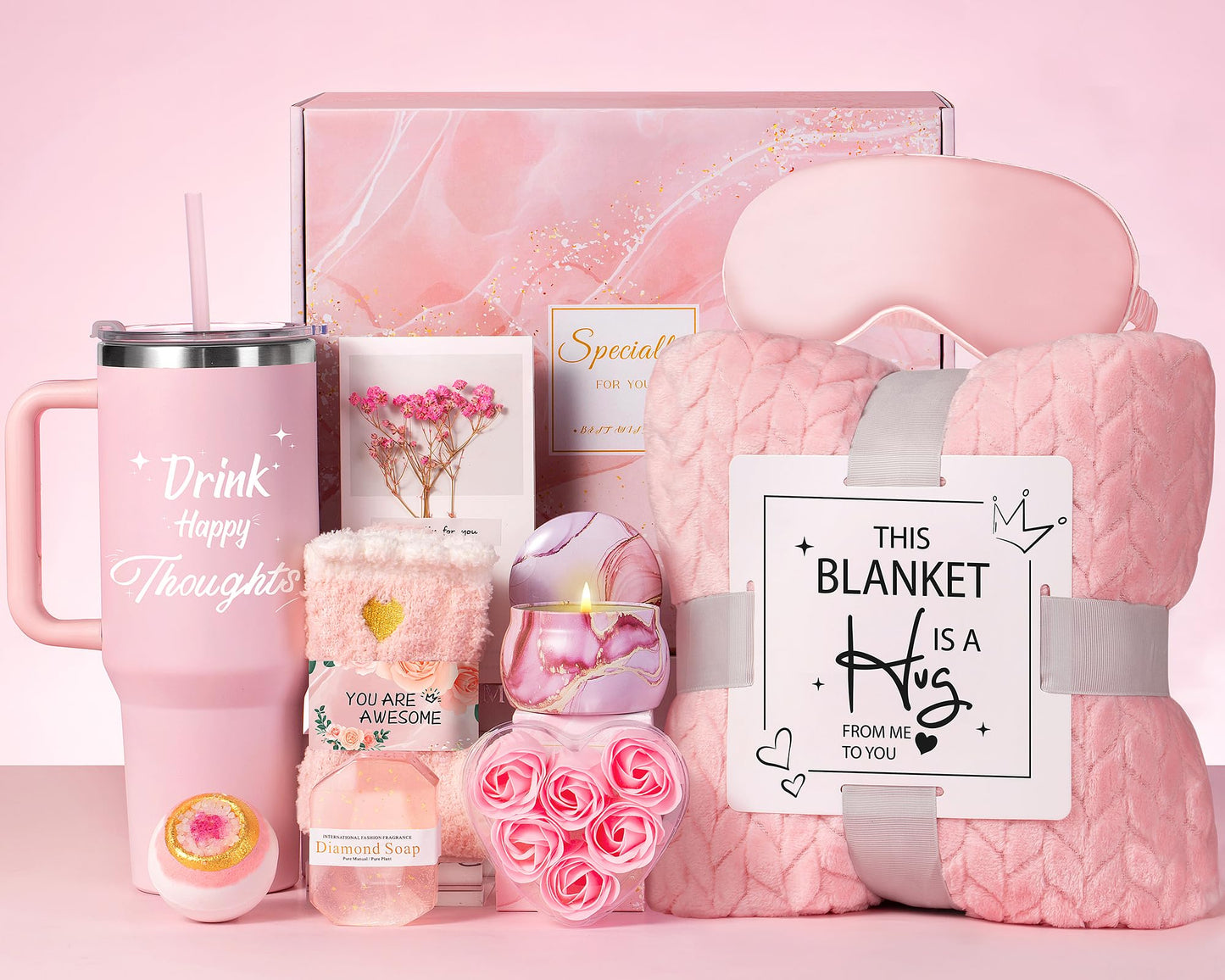 Aeenr Birthday Gifts for Women - Relaxing Spa Gift Set -Self Care Get Well Soon Gift Baskets - Happy Birthday Gift Set W/Flannel Blanket & 40 OZ Tumbler for Mom Wife Her Best Friend Sister Girlfriend