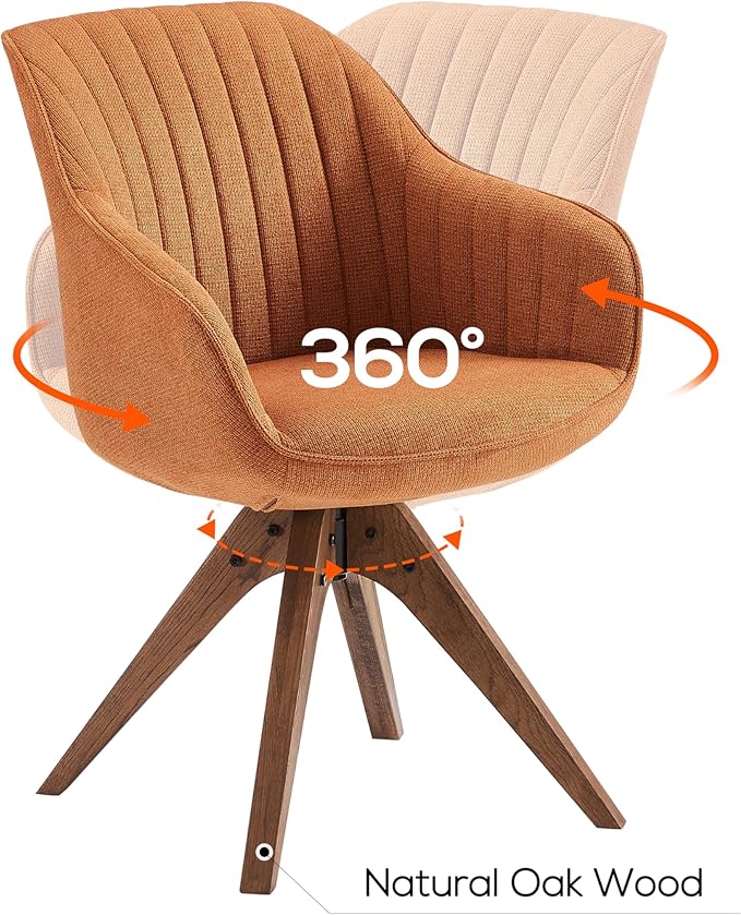 Art Leon Dining Chair, Mid Century Modern Fabric Upholstered Swivel Dining Room Chair with Wood Legs, Leisure Side Chair with Arms for Living Room, Caramel