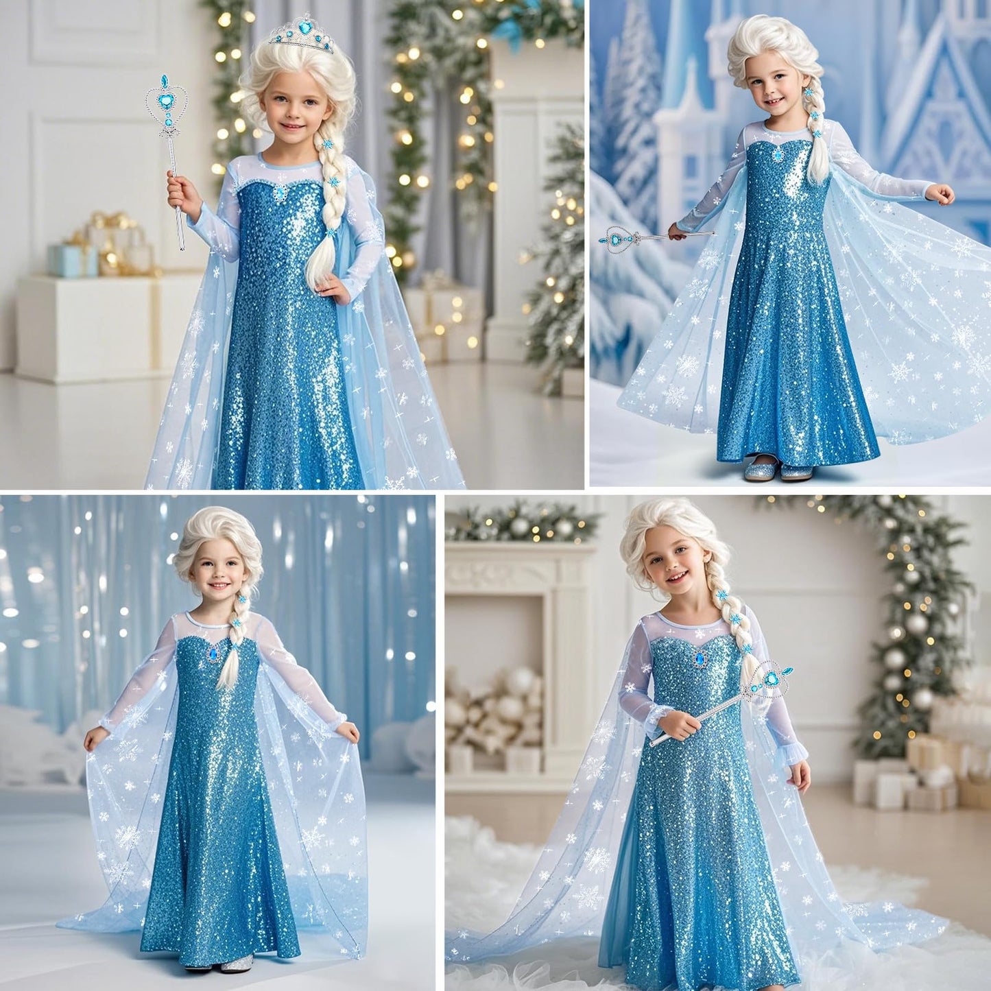 G.C Girls Princess Dress Costume with Wig Cape Toddler Princess Dress Up Outfit Kids Crown Jewelry Halloween Cosplay Birthday Gifts