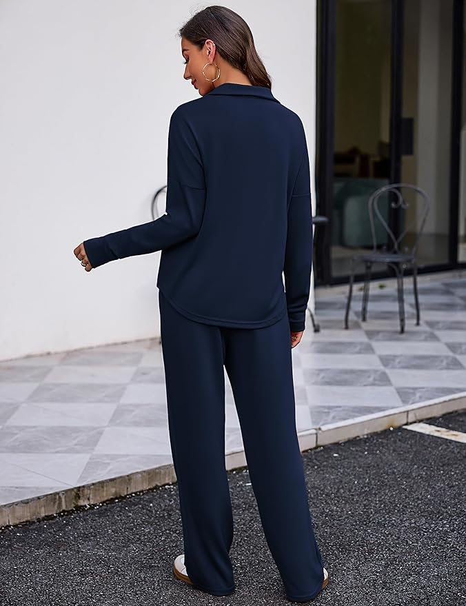 Totatuit Womens Sweatsuits 2 piece Set Lapel Half Zip Lightweight Sweatshirts and Wide Leg Pants Tracksuit Lounge Sets