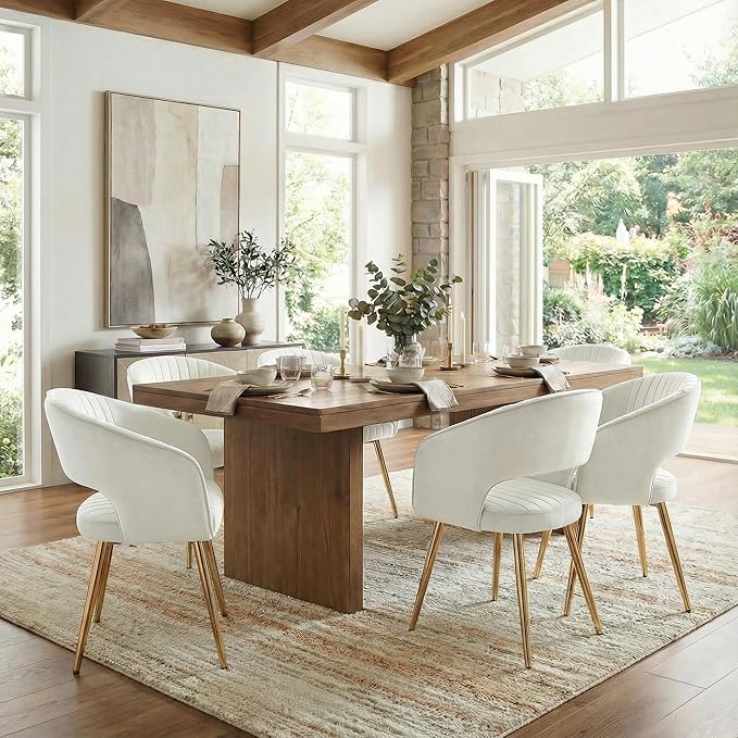 COMULER Cream Velvet Dining Chairs Gold Legs, Modern Dining Room Chairs with Arms Set of 6 Upholstered Accent Chair Armchair with Barrel Back for Kitchen Living Room