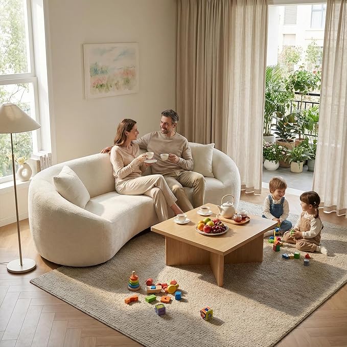 93.31” Modern Curved Sofa,Chenille & Velvet Fabric 3-Seater Couch with Solid Wood Frame,Luxury Cloud Sofa with 2 Throw Pillows,Minimalist Sofas for Living Room,Bedroom,No Assembly Required,White