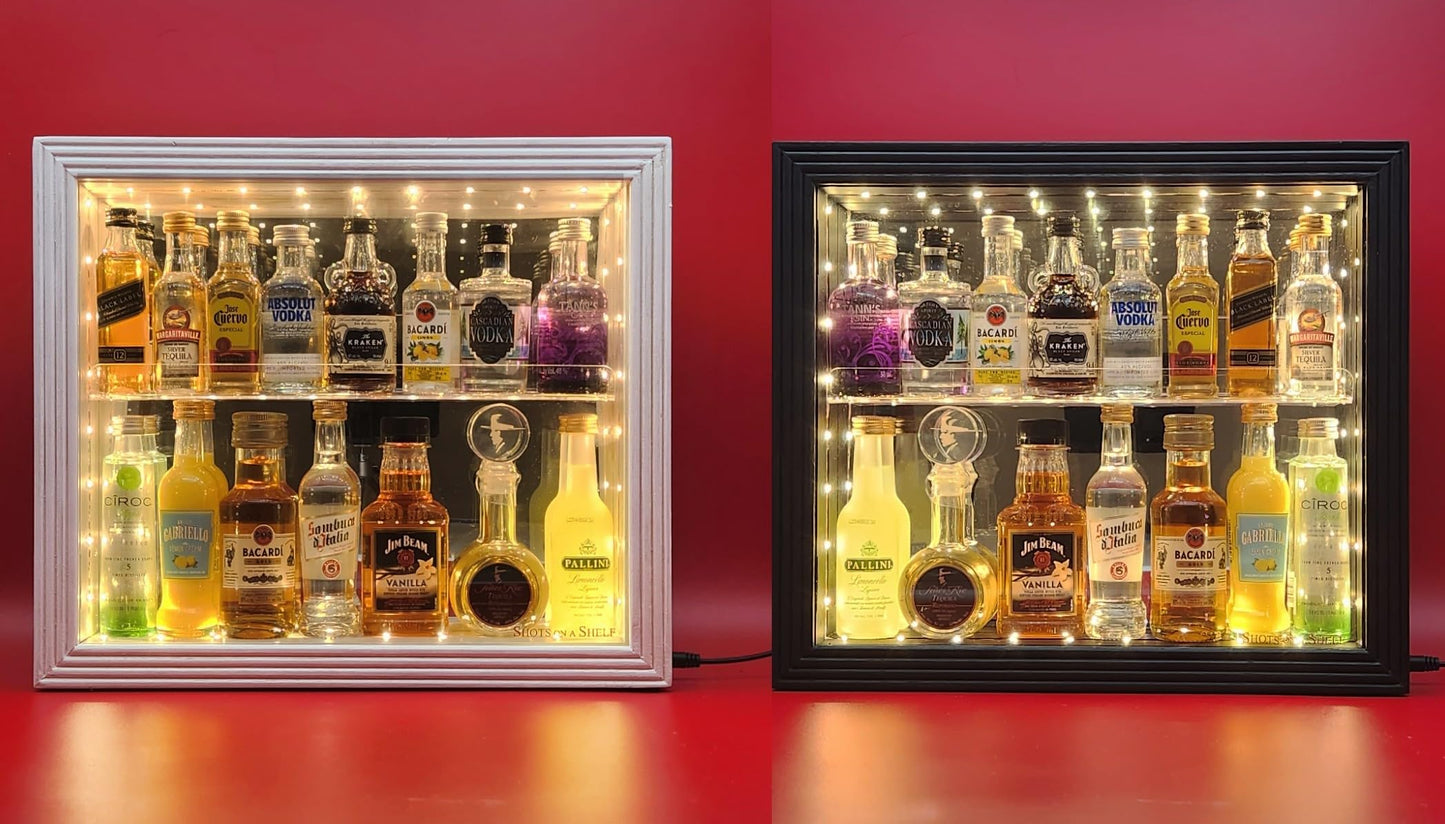 Shots On A Shelf - The One & Only Miniature Liquor Bottle Cabinet. Led Lighting, Hinged Glass Door! Guests Will Love This Showcase! - White/Mirror