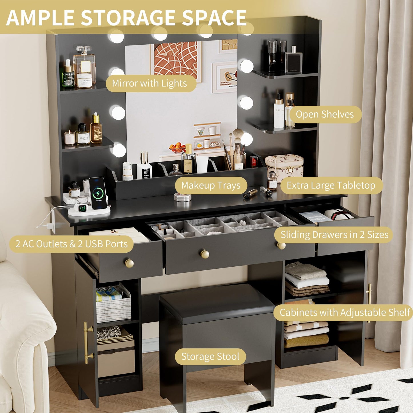 Vanity Desk with Mirror and Lights, Makeup Dressing Table Set with Storage Drawers & Stool, Power Outlet, 3 Lighting Modes Adjustable Brightness & RGB Ambient Light for Women Girls Bedroom, Black