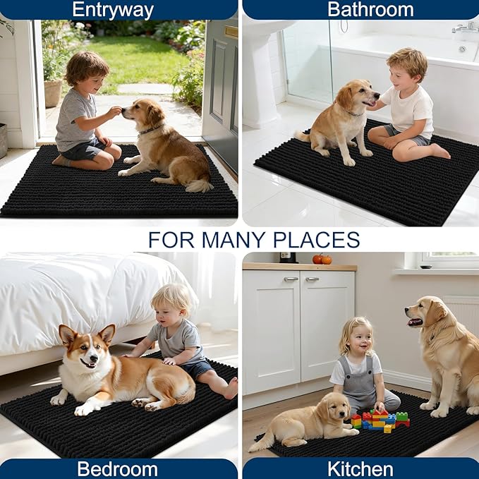 OLANLY Dog Door Mat for Muddy Paws 70x24, Ultra Absorbent Chenille Mud Doormat, Non-Slip Washable and Dirt Trapping Doormat for Indoor Entryway, Quick-Dry Indoor Pet Bed Mats for Dogs, Black
