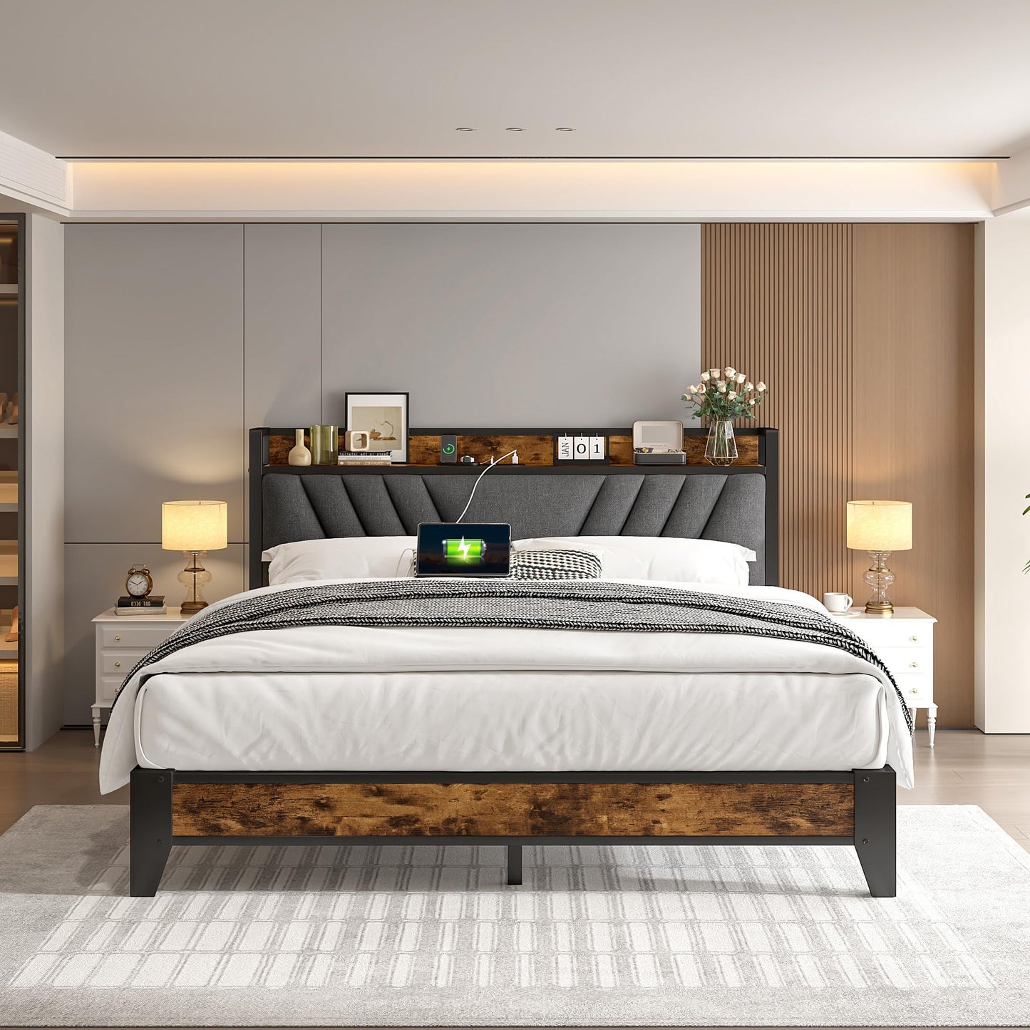 Homkdom Queen Bed Frame with Headboard, Bed Frame Queen Size with Charging Station, Metal Platform with Under Bed Storage, No Box Spring Needed, No Noise, Easy Assembly