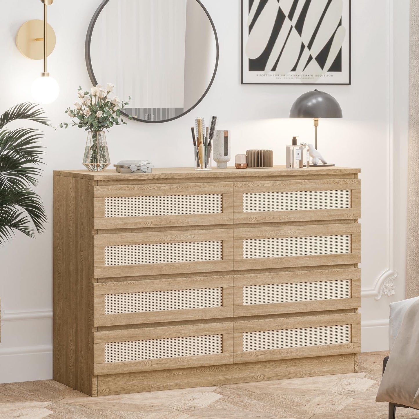 Patikuin Rattan Dresser for Bedroom, Modern 8 Drawer Double Dresser for Bedroom, Wide Wood Chest of Drawers for Bedroom, Living Room, Hallway