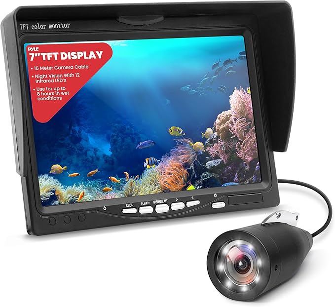 Pyle, Underwater Fishing Camera, LCD Monitor, Night Vision, 7-inch TFT, IP68 Water Resistant, Infrared LED, Removable Sun-...