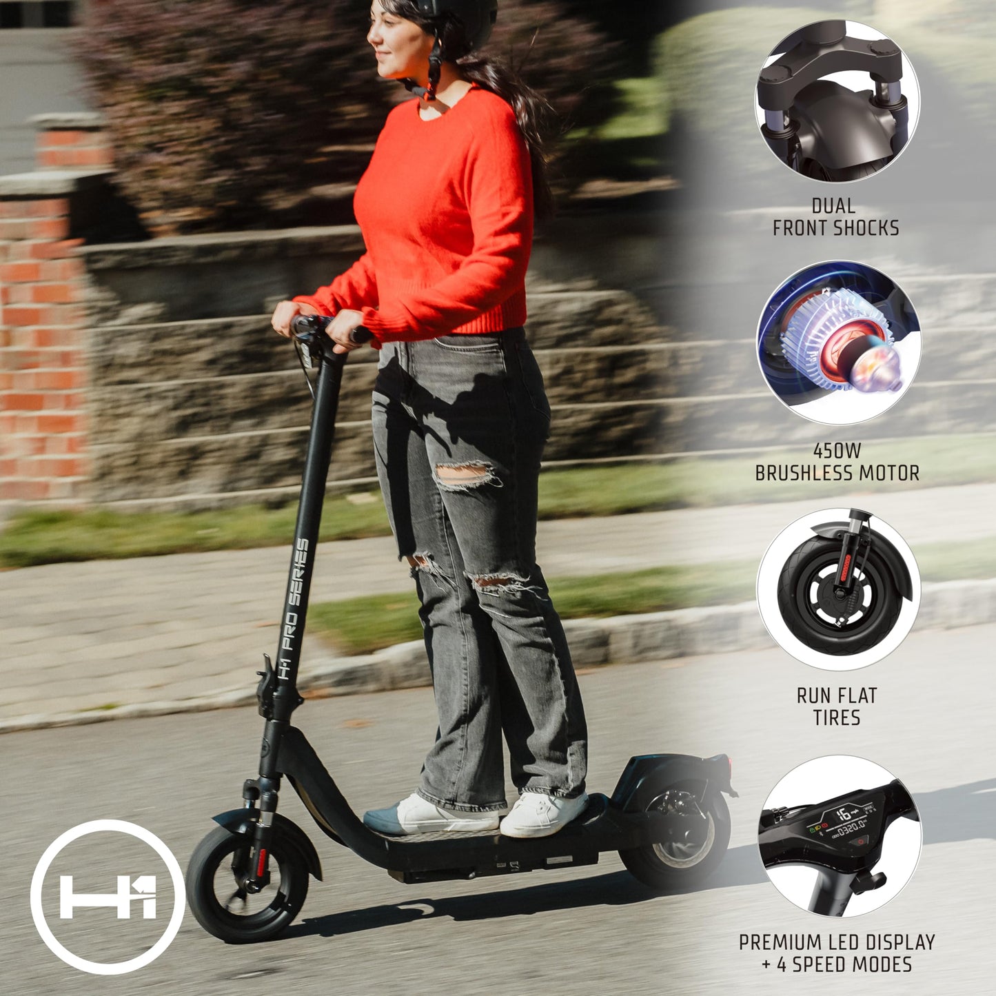 H-1 Pro Series Ace R450 Foldable Electric Scooter with 450W Brushless Motor, 20 mph Max Speed, 10” Self-Sealing Tubeless Tires, and 25 Mile Range Commuter Scooter for Adults & Teens