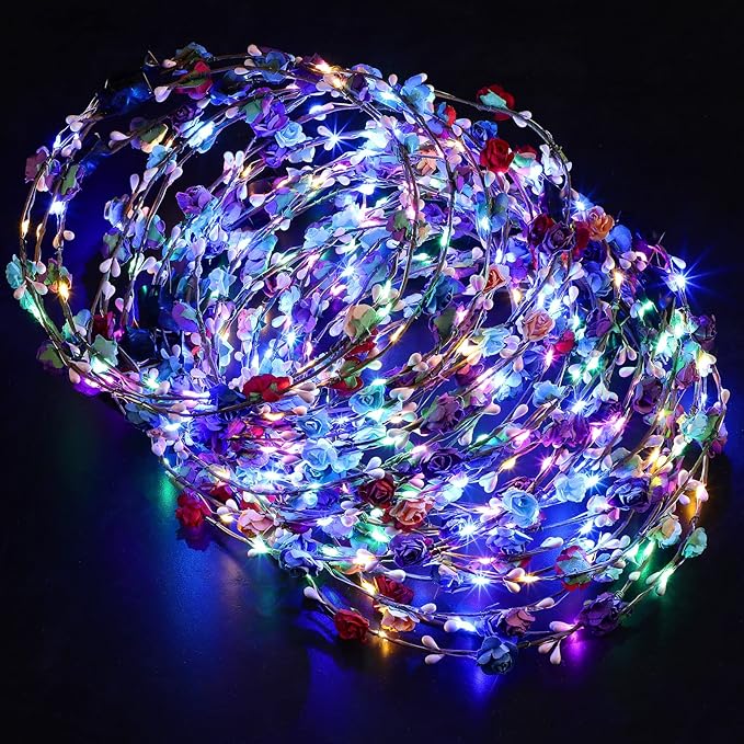 Janinka 70 Pcs LED Flower Crown Light Up Wreath Headband Hair Accessories Crown Luminous Head Band Tiara Glow Floral Headp...